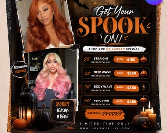 Mall för Halloween-perukförsäljning, läskig hårleverantörskampanj, orange svart skönhetsföretag Canva-flyer, redigerbar hårförsäljning, omedelbar nedladdning