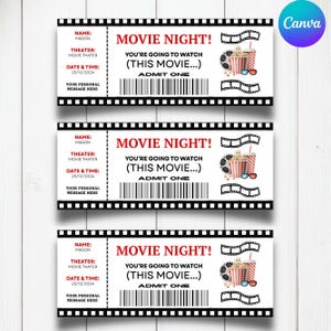 Peut inclure: Trois billets de cinéma "Soirée Cinéma" avec une bordure noire et blanche. Chaque billet affiche le texte "MOVIE NIGHT!" en rouge, avec des espaces pour le nom, le cinéma, la date et un message personnel. Ils présentent aussi du pop-corn, des bobines et des lunettes 3D.