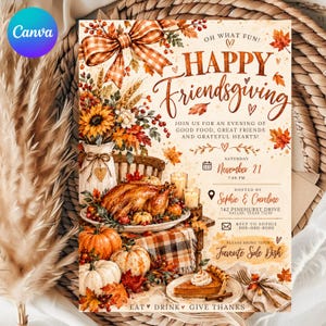Może przedstawiać: Zaproszenie na Happy Friendsgiving z pieczonym indykiem, dyniami, jesiennymi liśćmi i kokardą w kratę. Tekst zawiera szczegóły wydarzenia na 21 listopada, organizowanego przez Sophie i Caroline w Dallas w Teksasie, z prośbą o przyniesienie dania.