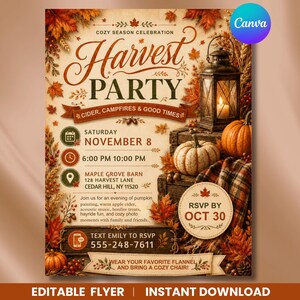 Könnte beinhalten: Ein Erntefest-Flyer mit Herbstblättern, einer Laterne und Kürbissen. Der Text enthält: Cozy Season Celebration, Harvest Party, Cider, Campfires & Good Times, Samstag, 8. November, 18:00-22:00 Uhr, Maple Grove Barn, 128 Harvest Lane, Cedar Hill, NY 11520.