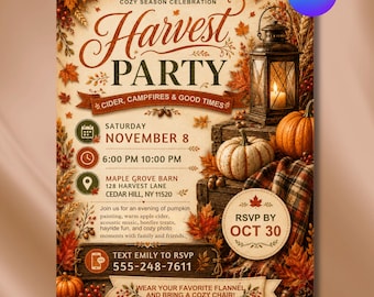 Plantilla editable para fiesta de cosecha de otoño, invitación imprimible para fiesta de otoño, invitación para la cosecha de Acción de Gracias, folleto para fiesta de calabazas, descarga instantánea.