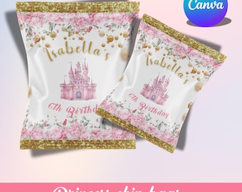 Princess Birthday Chip Bag Template, Printable Princess Party Favor, Editable Canva Chip Bag, Pink Princess Birthday Decor, Canva Templates