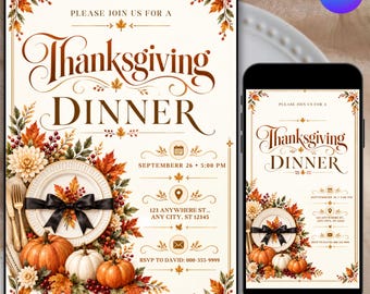 Mall för inbjudan till Thanksgiving-middag, redigerbar Canvas-inbjudan, Friendsgiving-höstmiddagsbjudning, utskrivbar höstmiddagsbjudning för familjen