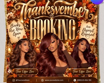 Bokningsflyer för november, bokningsflyer för höstskönhet, flygblad för Thanksgiving-salong, hårfransar, nagelflätor, MUA-peruk, redigerbar Canvas