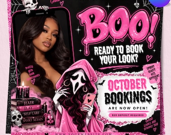 Mall för bokningsflyer för oktober, rosa Halloween-skönhetsflyer, läskig hårstylist Canva-mall, kampanj för salongsbokning, direktnedladdning