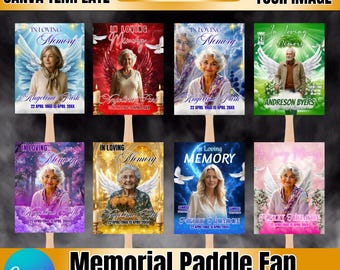 10 plantillas de abanicos en memoria de un ser querido, paquete de paletas de abanicos conmemorativas editables en Canva, plantillas de descarga digital de diseños de abanicos para celebrar la vida.