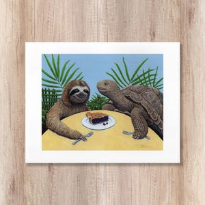 May include: A whimsical art print featuring a sloth and a tortoise at a table, sharing a pie. The sloth has brown fur, and the tortoise has a textured shell. The table is yellow, and the background includes green foliage and a blue sky.