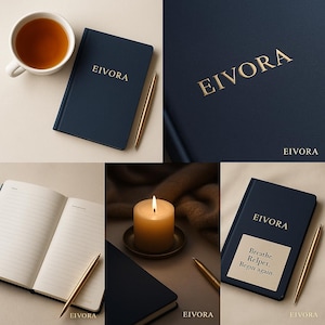 Könnte beinhalten: Eine Sammlung marineblauer Notizbücher und goldener Stifte. Ein Notizbuch ist zu linierten Seiten geöffnet. Die Notizbücher tragen das Wort "EIVORA" in Goldprägung. Ein Notizbuch hat einen Aufkleber mit den Worten "Breathe, Relpet, Begin again."