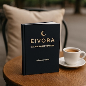 Könnte beinhalten: Ein schwarzes Buch mit goldener Schrift, betitelt "EIVORA CALM & PANIC TRACKER" und "A journey within". Eine weiße Tasse und Untertasse mit Kaffee stehen auf einem Holztisch. Der Hintergrund ist verschwommen, was auf eine Umgebung im Freien hindeutet.