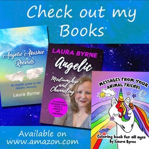 May include: Three book covers with a purple, blue, and pink background. The book covers are for "Angelic Akashic Records", "Angelic Mediumship and Channeling", and "Messages from Your Animal Friends". All three books are by Laura Byrne.