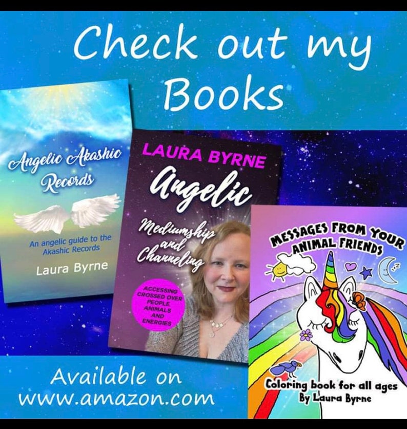 May include: Three book covers with a purple, blue, and pink background. The book covers are for "Angelic Akashic Records", "Angelic Mediumship and Channeling", and "Messages from Your Animal Friends". All three books are by Laura Byrne.