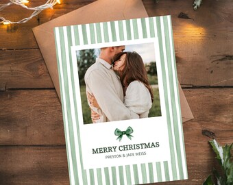 Striped Watercolor Bow Christmas Card, Photo Holiday Card, Editable Christmas Card Template, Green Holiday Card, Christmas Photo Card