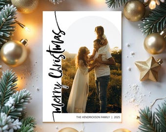 Tarjeta navideña moderna, Tarjeta navideña clásica con foto, Plantilla de tarjeta navideña editable, Tarjeta navideña con arco, Tarjeta navideña con foto, Imprimible