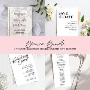 Peut inclure: Ensemble de papeterie de mariage comprenant des invitations, des cartes de sauvegarde de la date, des détails du dîner de répétition et un programme de mariage. Les designs présentent une calligraphie élégante et des accents floraux.