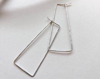 Hammered sterling silver Rectangle Hoop Earrings.