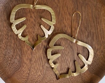 Big Brass Monstera Cutout Earrings, Textured Botanical Leaf Earrings, Bold Lightweight Jewelry