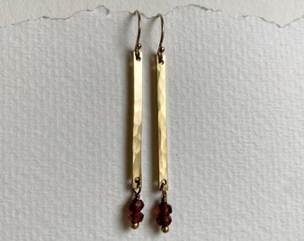 Garnet & Brass Earrings, Hammered Long Rectangle, Natural Red Gemstone Earrings, January Birthstone
