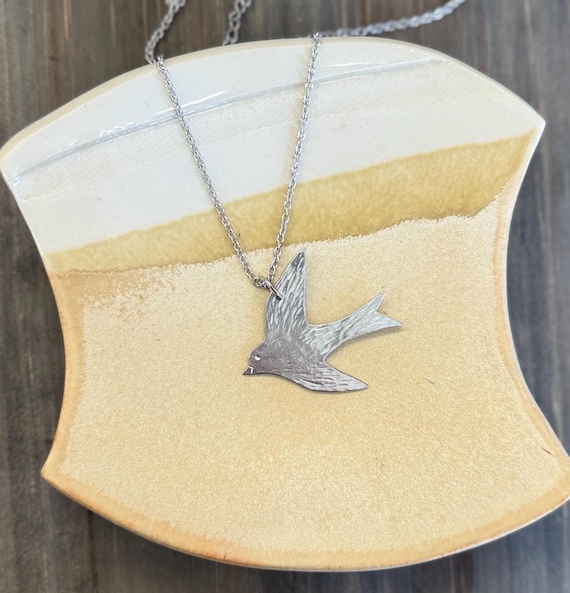 Medium Pewter Bird Necklace, Modern Pewter Lead Free, Handmade Necklace