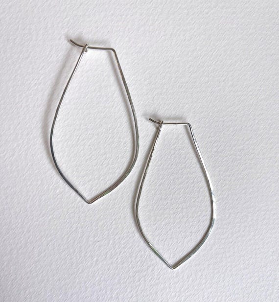 Silver Hoop Earrings, Petal Shaped Marquis, Sterling Silver Jewelry
