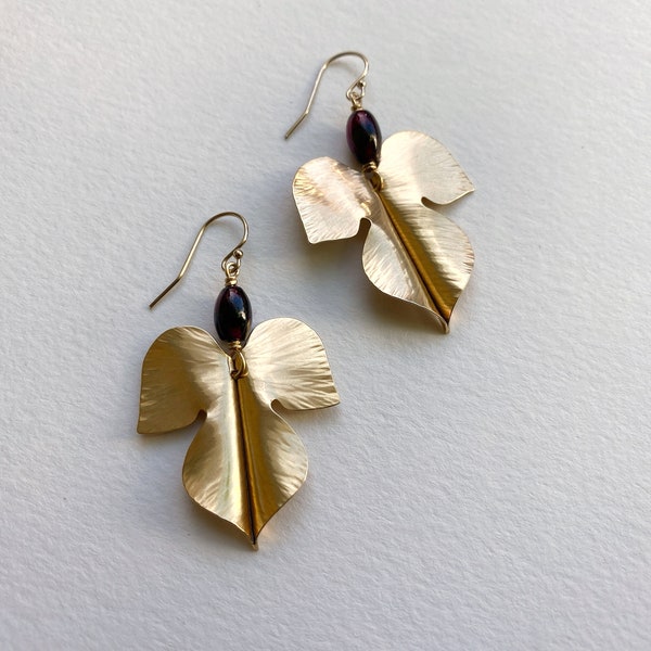 Dark Red Garnet & Brass Earrings, Hepatica Large Leaf Earrings, Botanical Jewelry