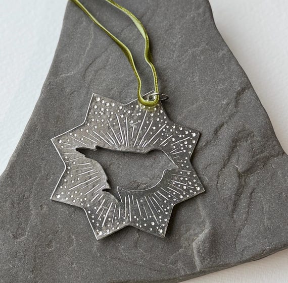 Handmade Ornament, Pewter, Star Bird, Velvet Ribbon, nature decor.