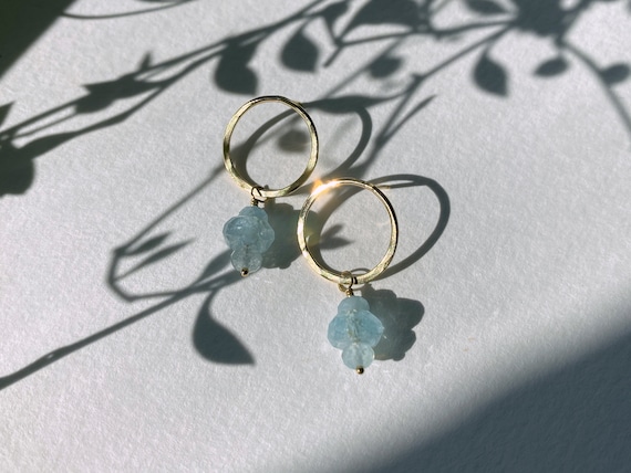 Aquamarine & Gold Circle Post Earrings, March Birthstone, 14k Gold Fill, Natural Gemstone