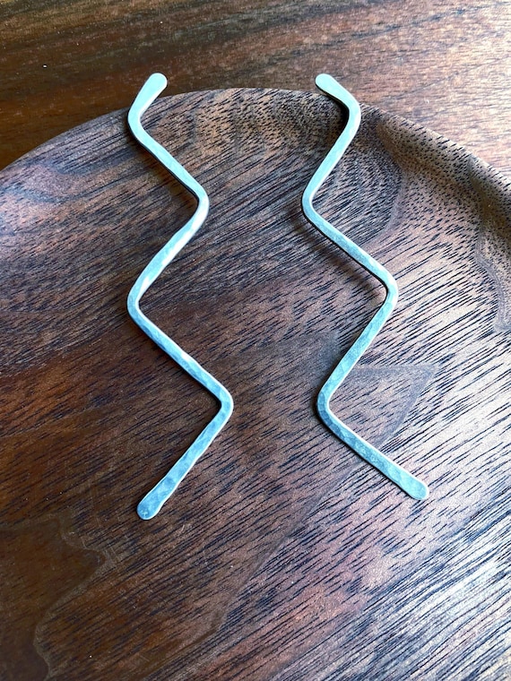 Sterling Silver Post Earrings, Zig Zag Long Studs, Long Fun Earrings