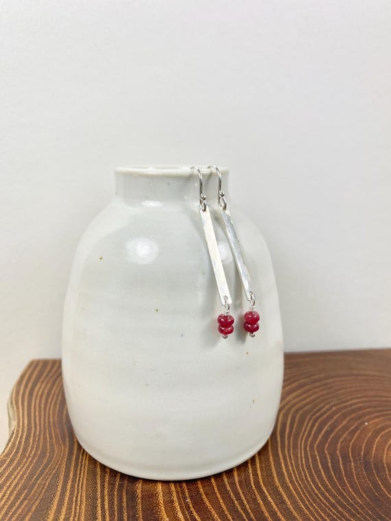 Sterling Silver & Ruby Earrings, Pretty Hammer Texture Silver Rectangle, Natural Red Gemstone Earrings, July birthstone