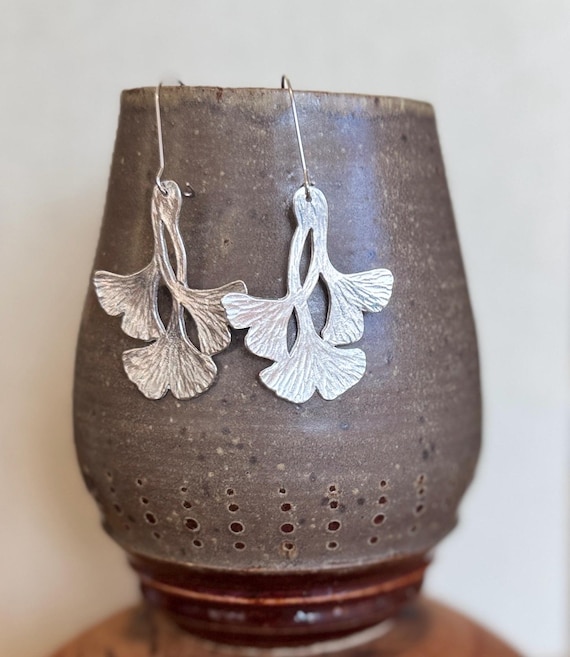 Pewter Triple Ginkgo Leaf Earrings, Modern Pewter Lead Free, Handmade Botanical Earrings