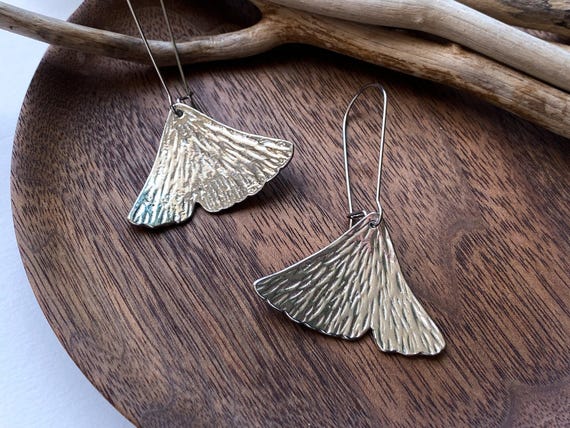 Pewter Ginkgo Leaf Earrings, Modern Pewter Lead Free, Handmade Botanical Earrings