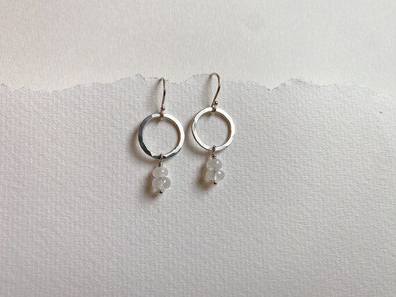 Silver & Moonstone  Earrings, Pretty Hammered Sterling Silver Circle, June Birthstone Jewelry