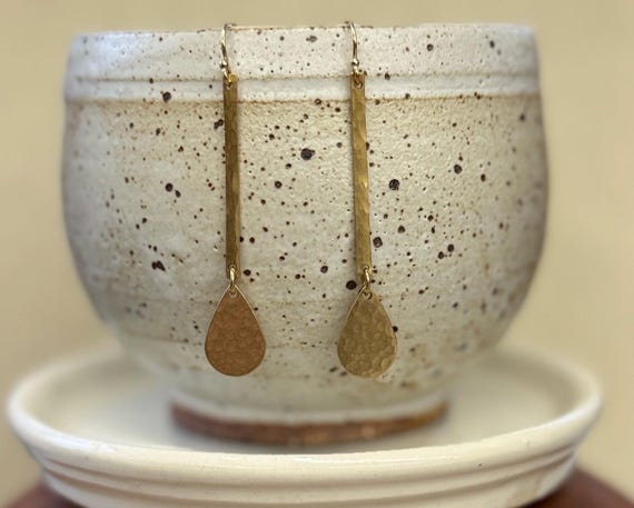 Long Brass Teardrop Earrings, Simple Gold Earrings, Hammered Jewelry