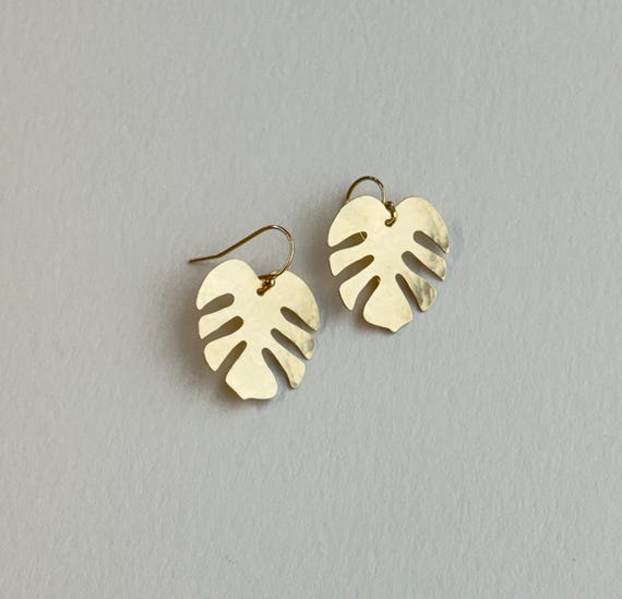Brass Monstera Earrings with 14k gold fill hooks