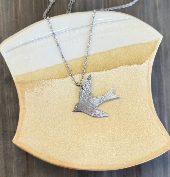 Medium Pewter Bird Necklace, Modern Pewter Lead Free, Handmade Necklace