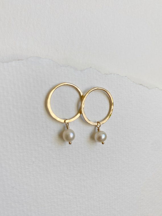 Gold & Pearl Earrings, Pretty Hammered 14k Gold Fill Circles, Natural Freshwater Pearl Earrings, June Birthstone Jewelry, Wedding Earrings