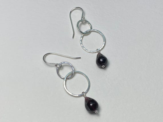 Silver & Garnet Earrings, Pretty Hammered Sterling Silver Double Circles, Natural Red Gemstone Earrings, January Birthstone