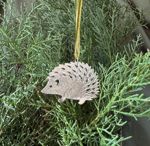 Handmade Ornament, Hedgehog, Solid Pewter, Velvet Ribbon.