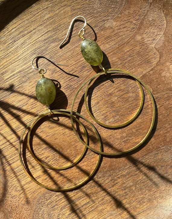 Green Garnet & Brass Double Circle Earrings, Big Hammered Hoop Earrings, Green Natural Gemstones