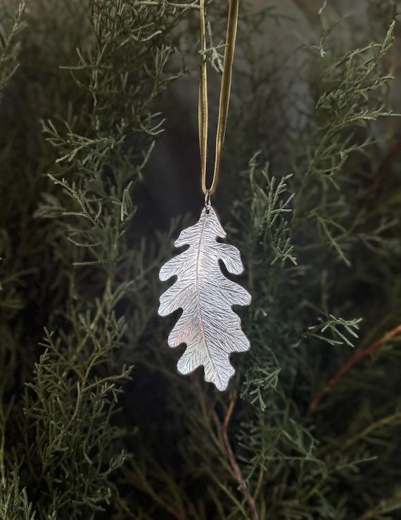 Handmade Ornament, Oak Leaf, Pewter,  Velvet Ribbon, silver