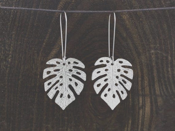 Pewter Monstera Leaf Earrings, Tropical House Plant Jewelry, Modern Pewter Lead Free, Handmade Botanical Earrings