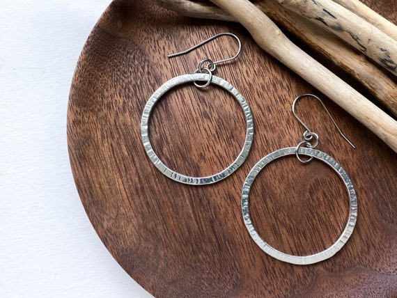 Pewter Open Circle Earrings, Line Textured, Modern Pewter Lead Free, Handmade Minimalist Earrings