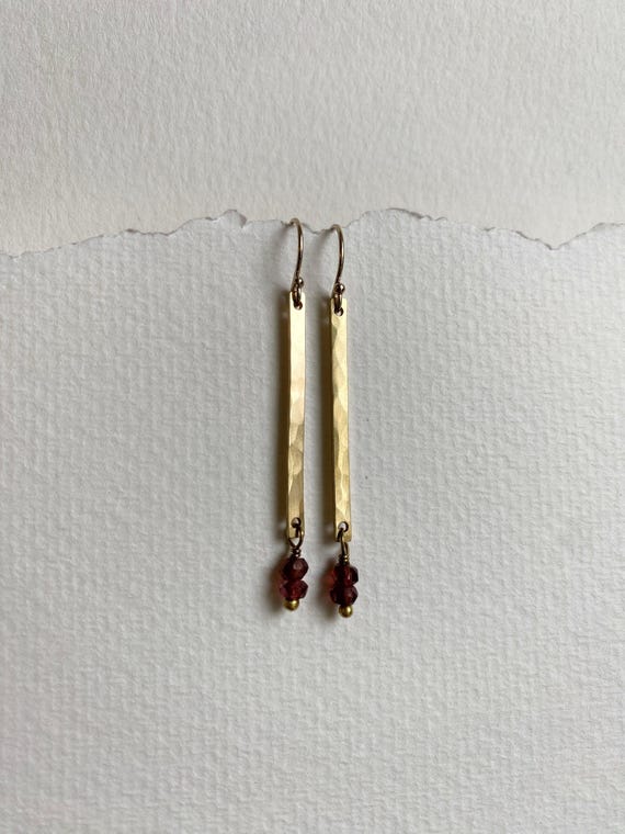 Garnet & Brass Earrings, Hammered Long Rectangle, Natural Red Gemstone Earrings, January Birthstone