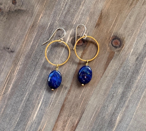 Lapis & Gold Small Hoop Earrings, December Birthstone, Brass 14k Gold Fill