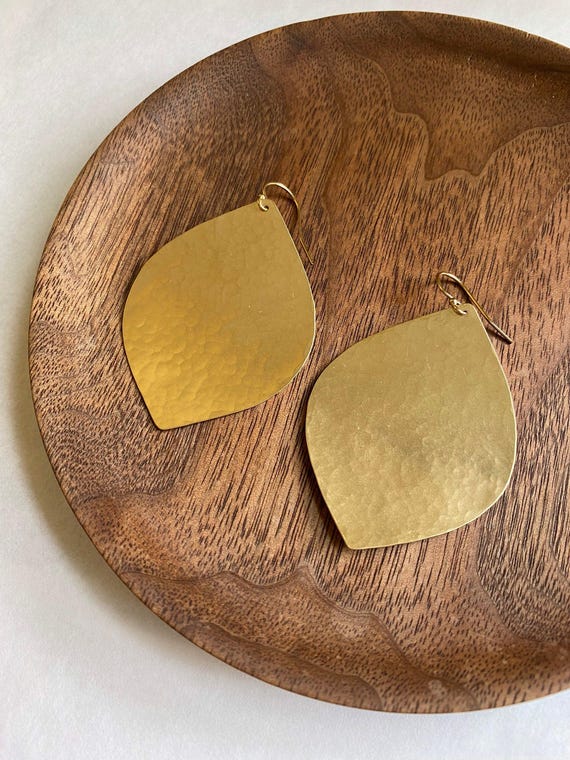 Large Brass Leaf Earrings, Petal Shaped, Marquise Jewelry, 14k Gold Fill