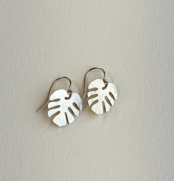 Sterling Silver Monstera Earrings, Hammered