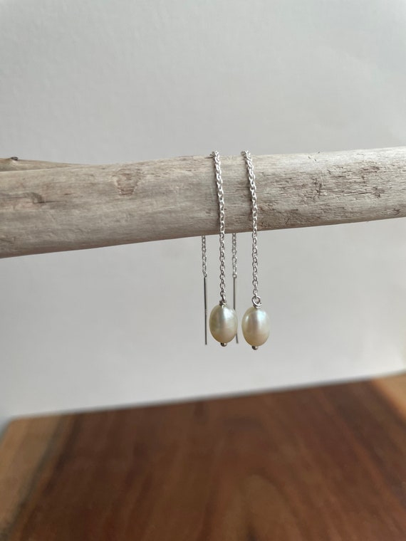 Cultured Freshwater Pearl Earrings Sterling Silver Triangle Triple Chain Drop Cultured Freshwater Pearl Earrings Sterling Silver Triangle Triple Chain Drop