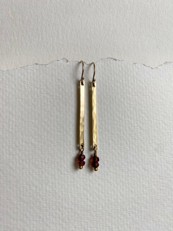 Garnet & Brass Earrings, Hammered Long Rectangle, Natural Red Gemstone Earrings, January Birthstone