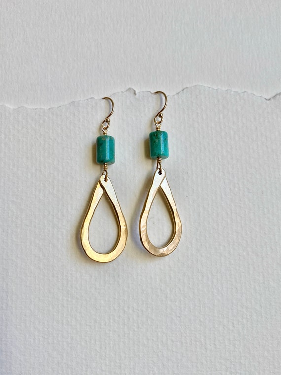 Handmade Brass Earrings with real turquoise & 14k Gold Fill hooks. Hammered loop shape. December birthstone