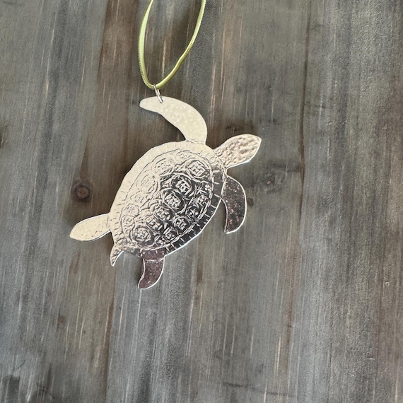 Handmade Ornament, Sea Turtle Pewter,  Velvet Ribbon.