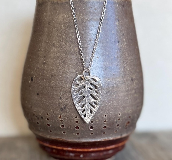 Pewter Philodendron Leaf Necklace, Modern Pewter Lead Free, Handmade Necklace
